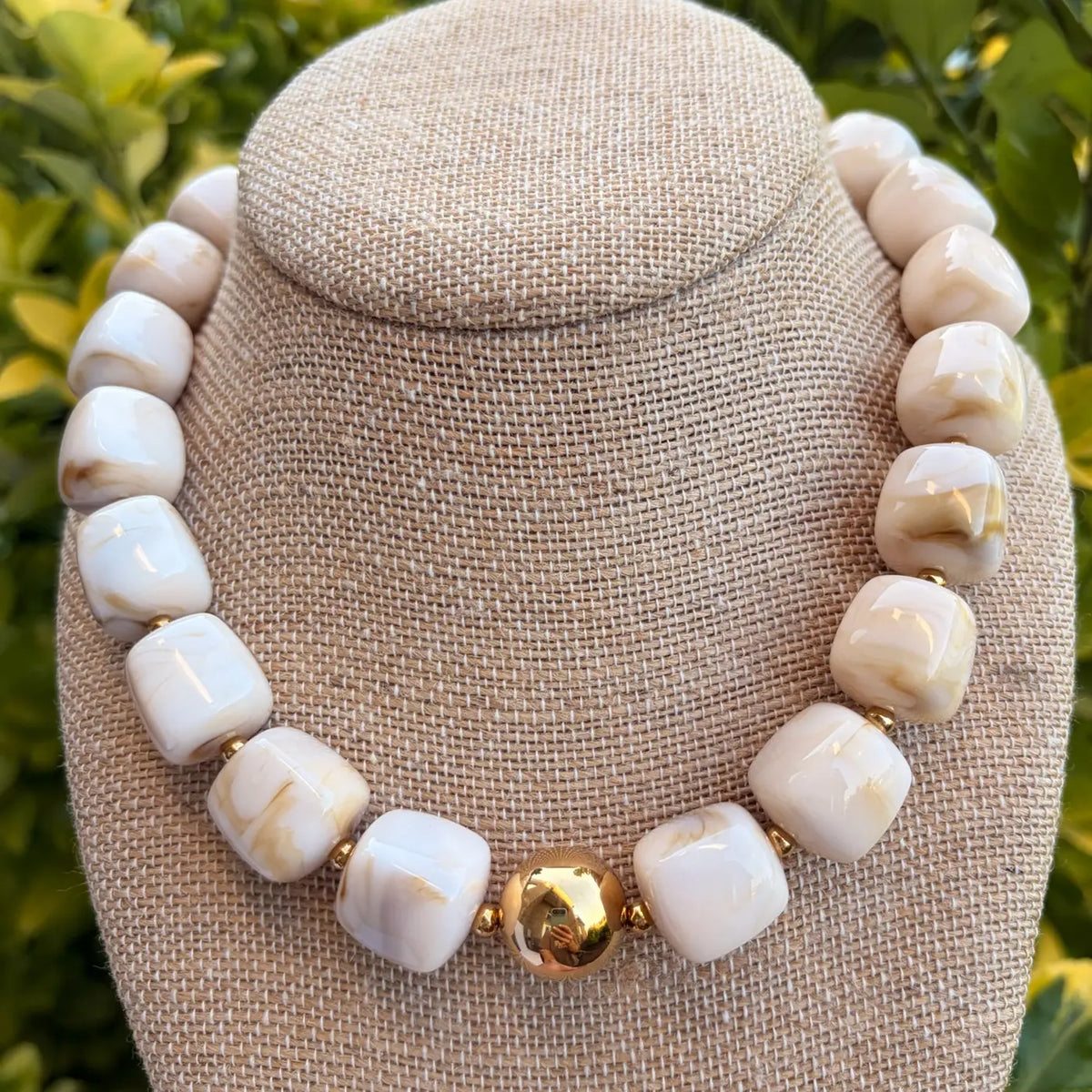 Beige Cube Bead Necklace with Gold Ball