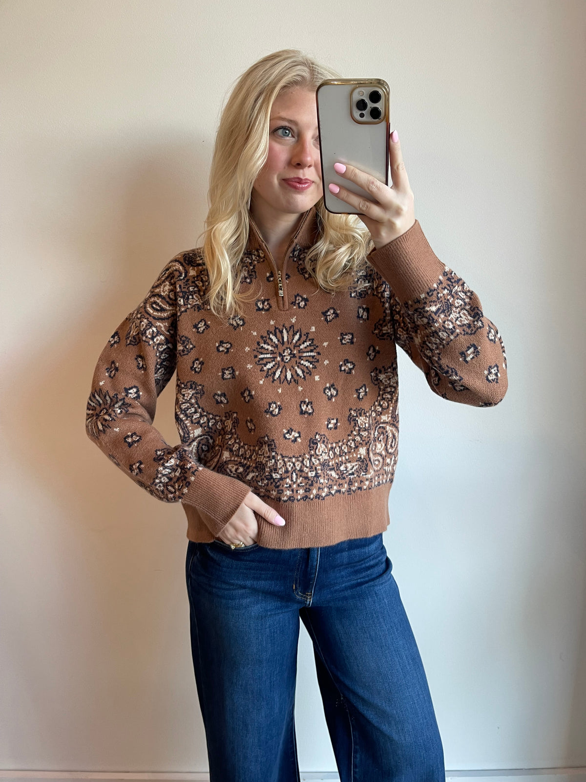 Paisley Jacquard Half Zip Sweater
