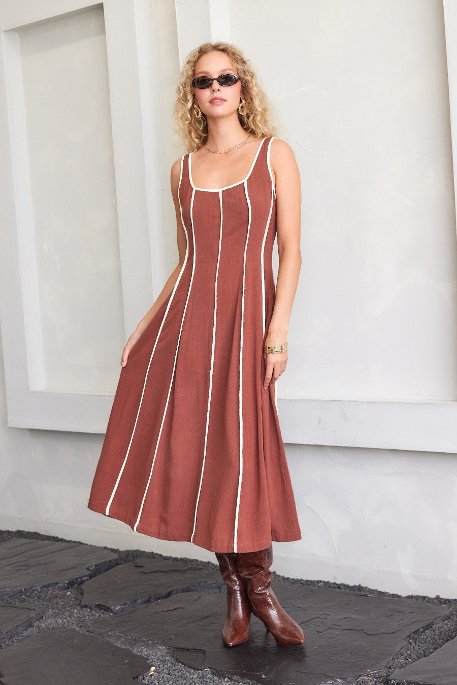 Contrast Linen Midi Dress