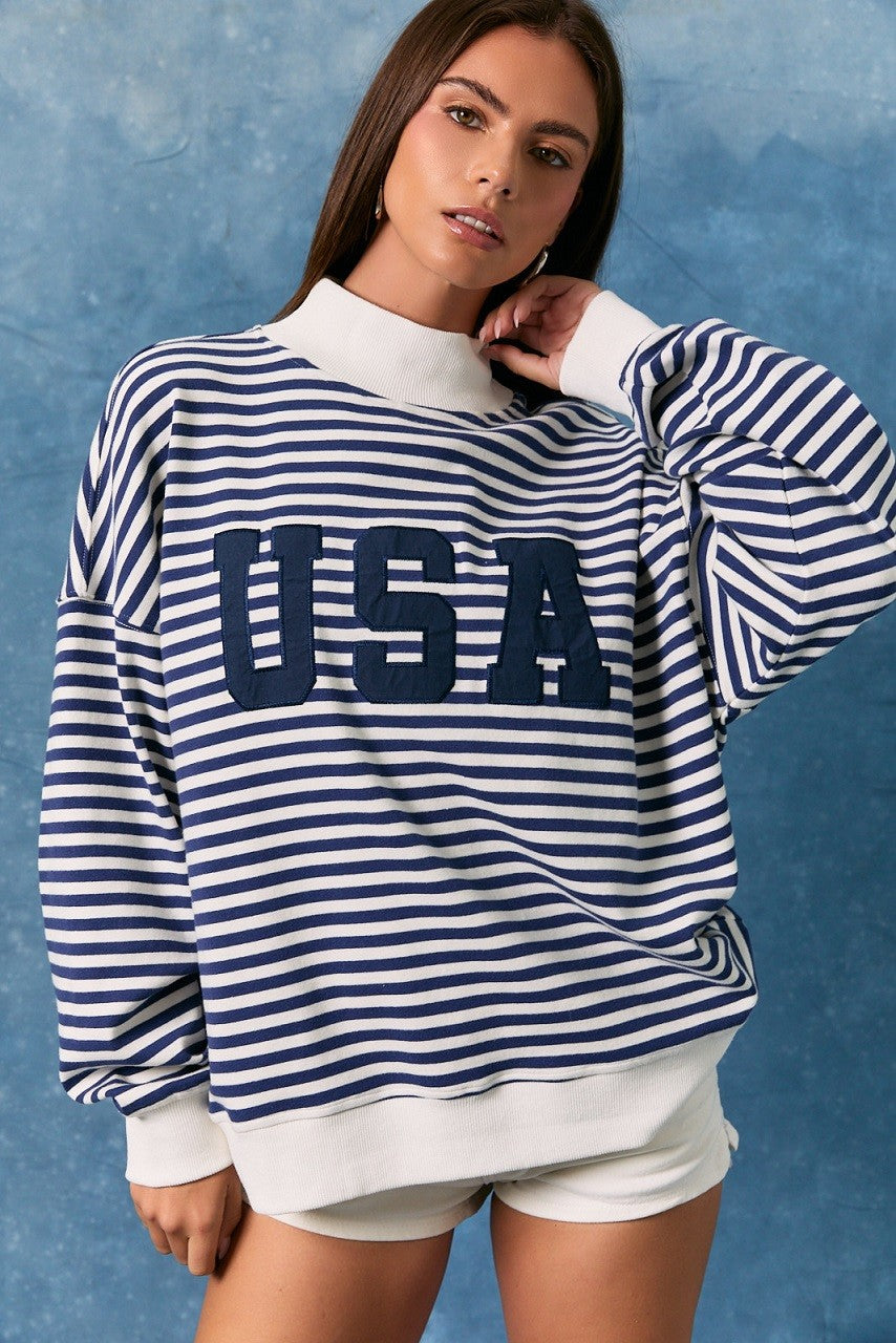 "USA" Striped Mockneck