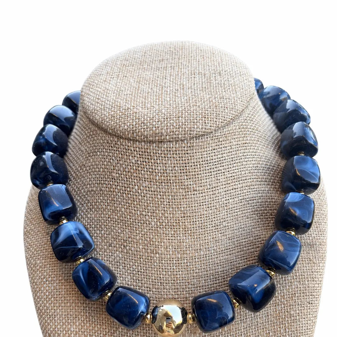 Navy Blue Cube Bead Necklace
