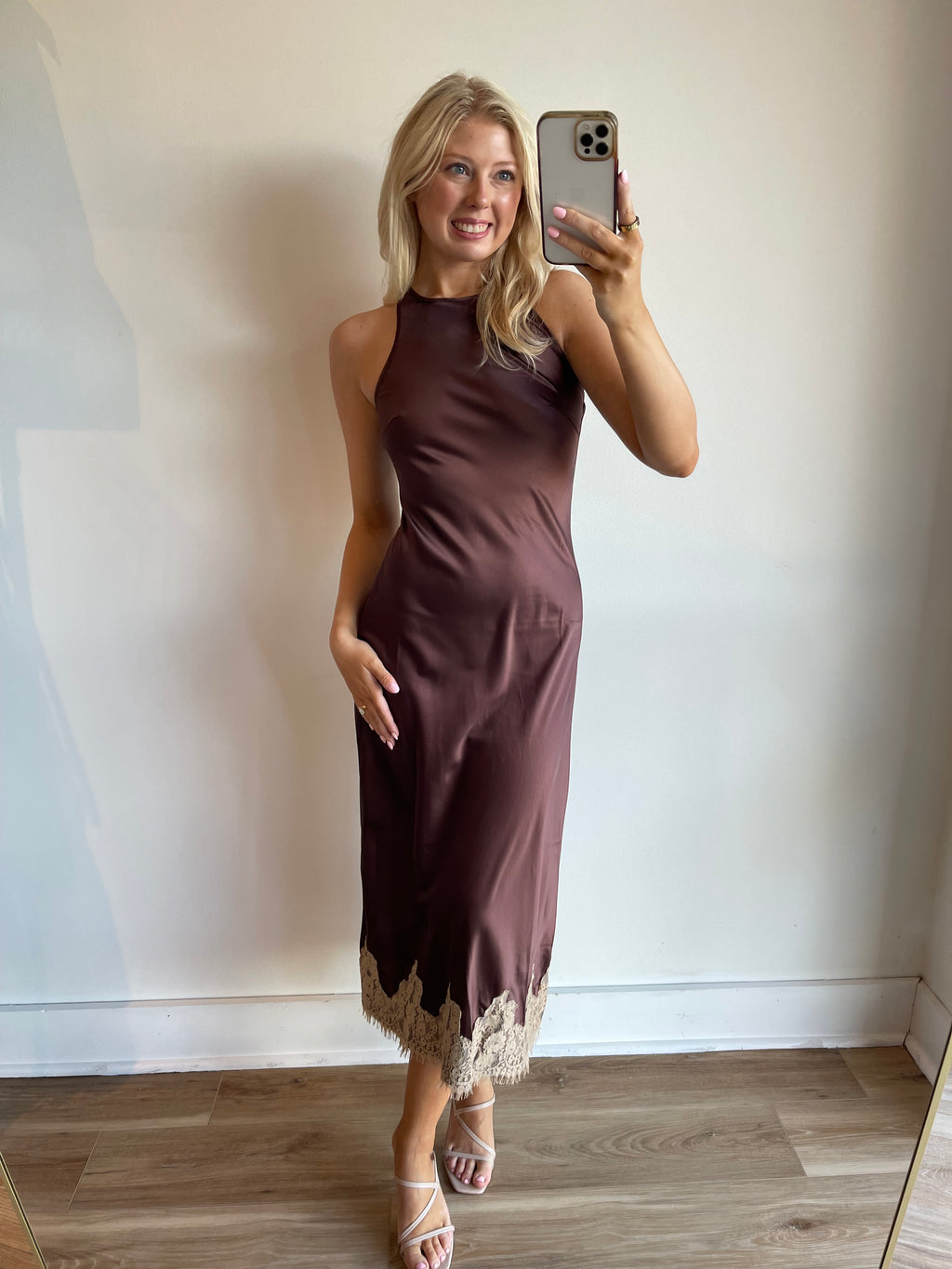 Zoe Lace Trim Satin Dress