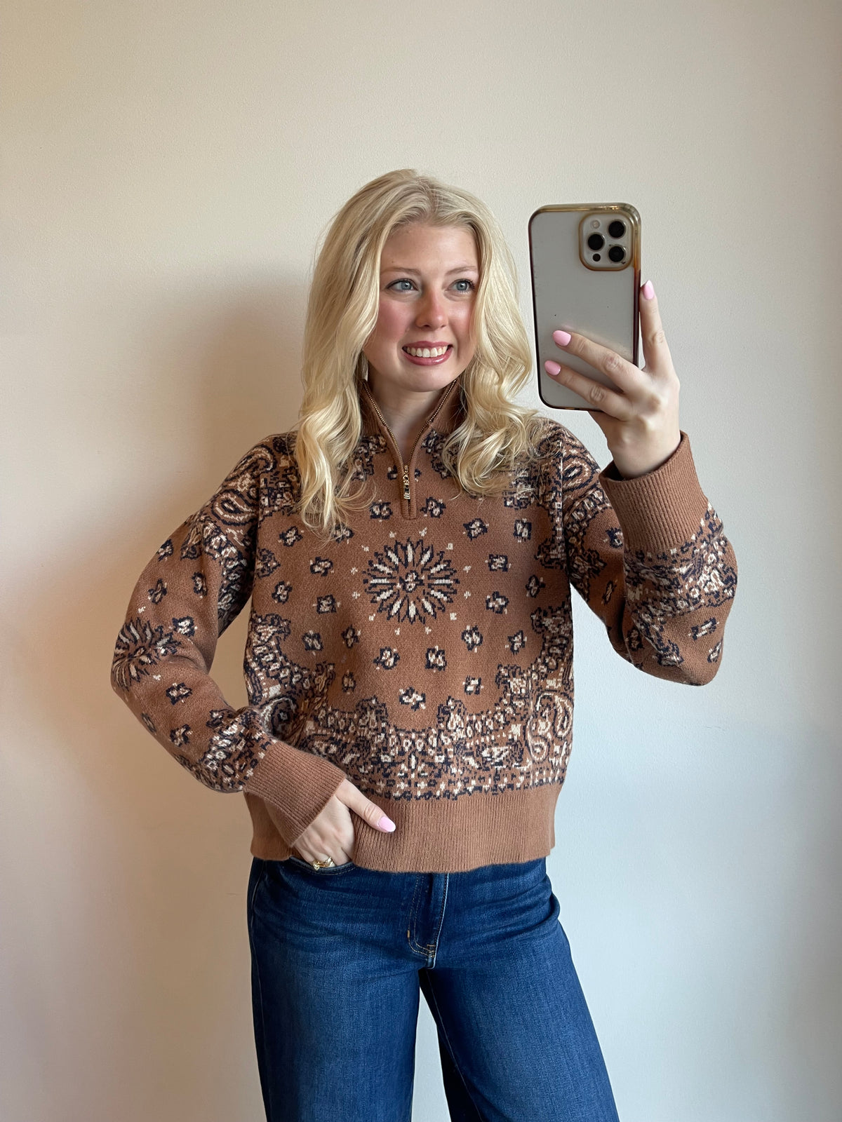 Paisley Jacquard Half Zip Sweater
