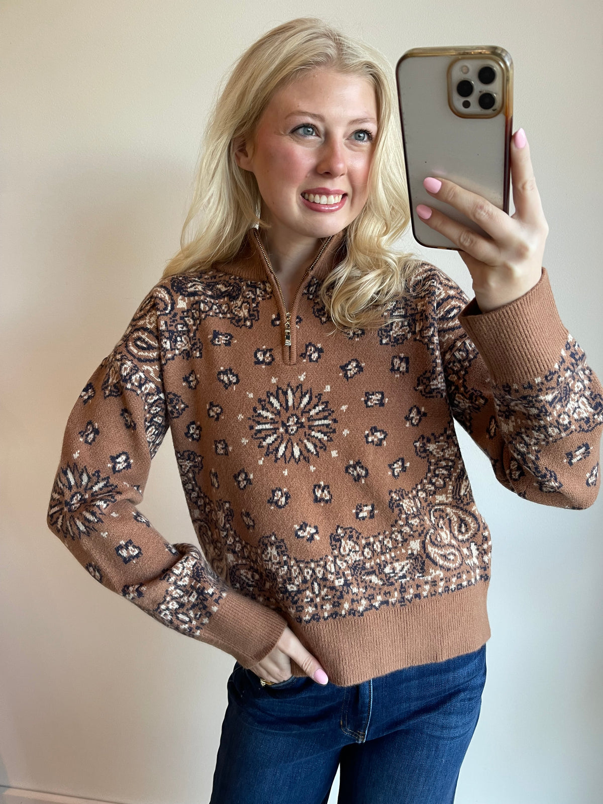 Paisley Jacquard Half Zip Sweater