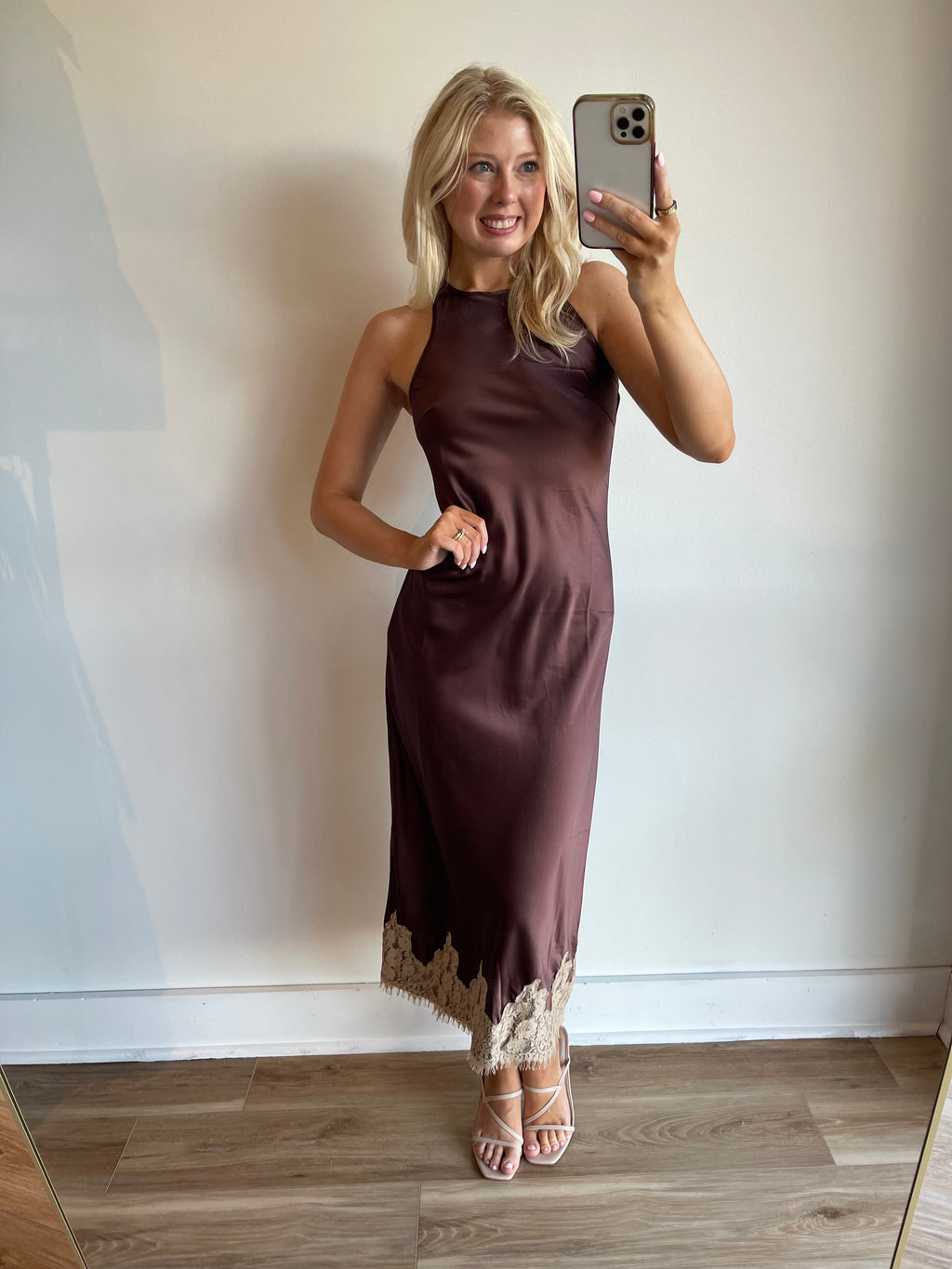 Zoe Lace Trim Satin Dress