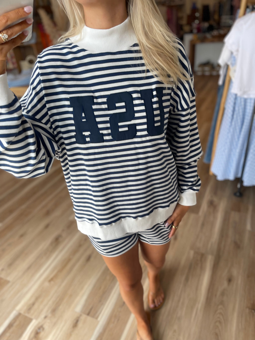 "USA" Striped Mockneck