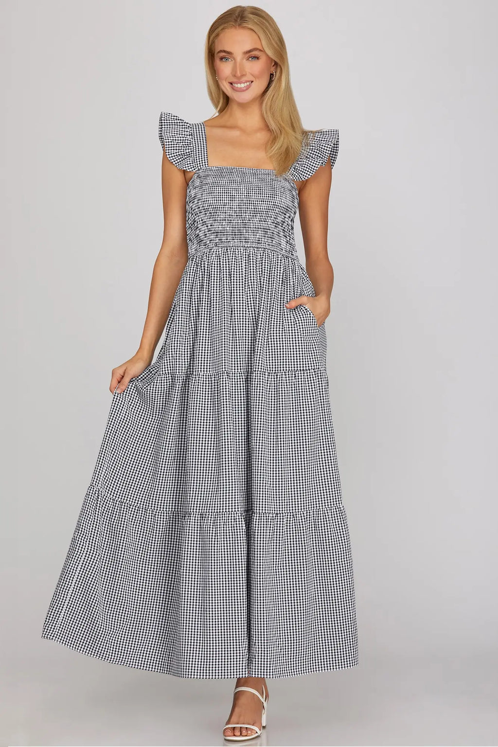 Navy Gingham Maxi Dress