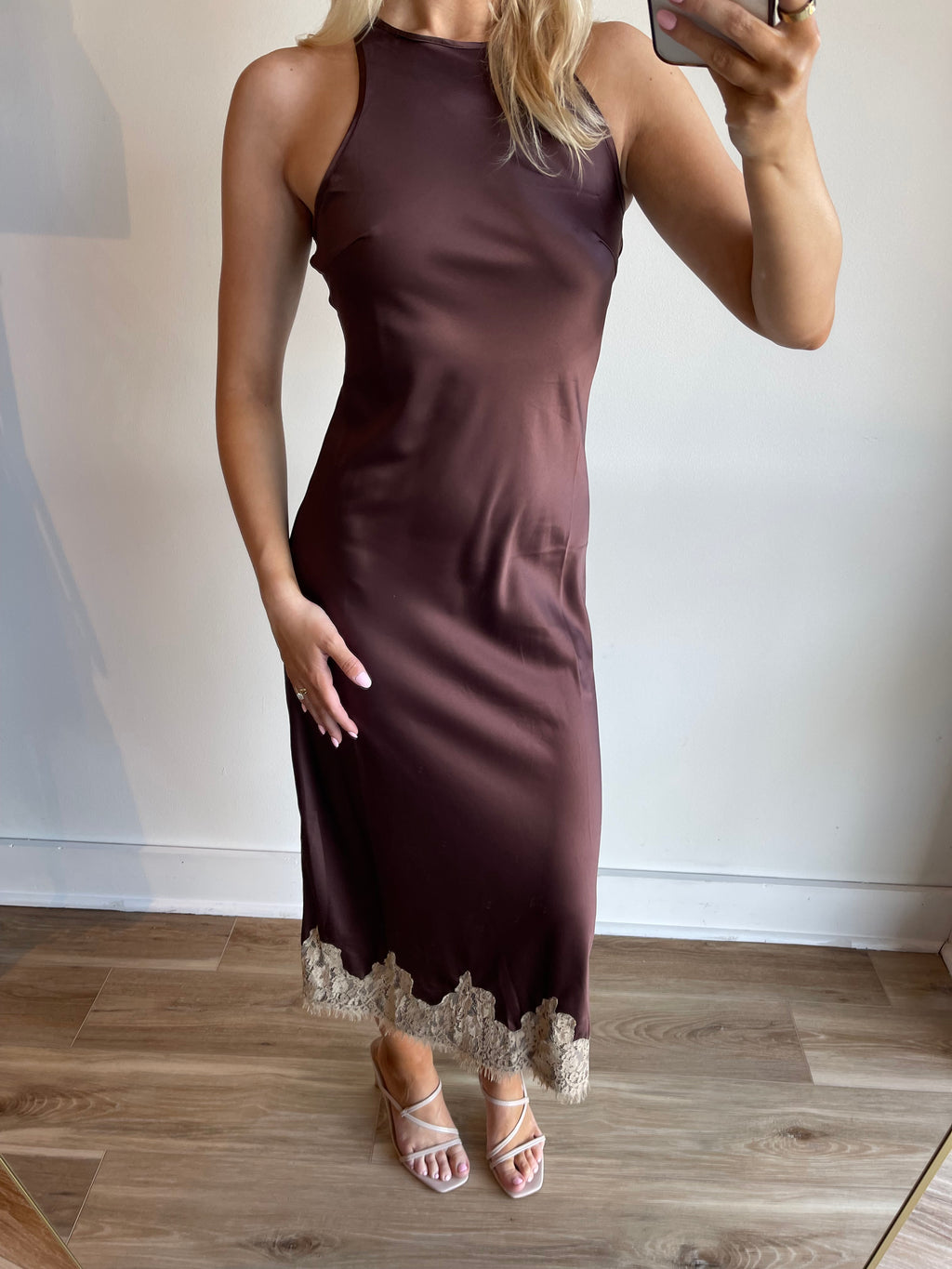 Zoe Lace Trim Satin Dress